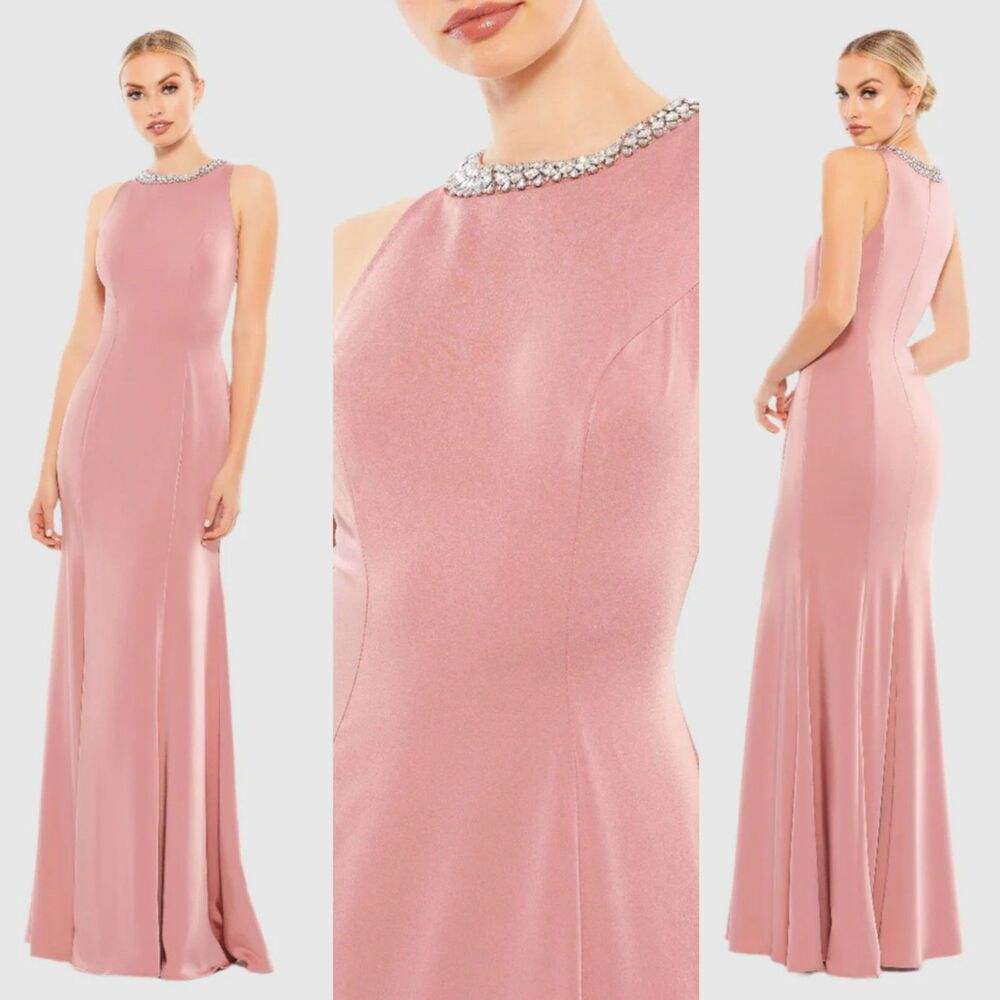 Mac Duggal Rose Pink Embellished Neck Trumpet Gown Size 12 Maxi Dress 49093 New